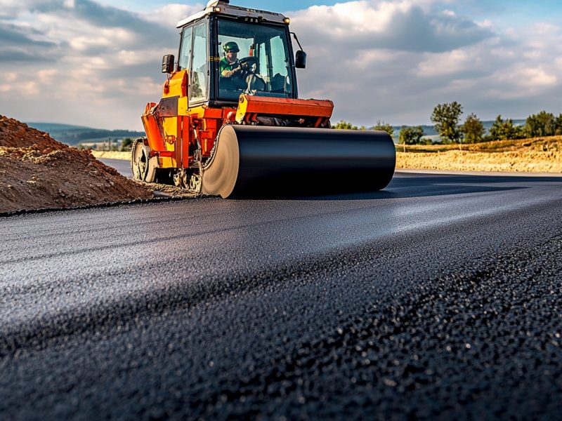 road-roller-working-new-asphalt-road-construction-clear-blue-sky