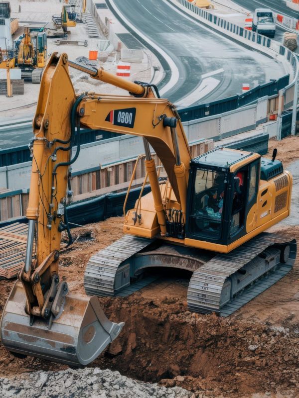 yellow-excavator-working-construction-site-road-construction